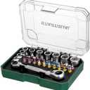 STARTRUAL 31-Piece Low Profile Ratchet Wrench, Right Angle Screwdriver, Pass Through Socket, 1/4" Mini Ratchet Set, 90 Degree Offset Ratcheting Screwdriver for Tight Spaces