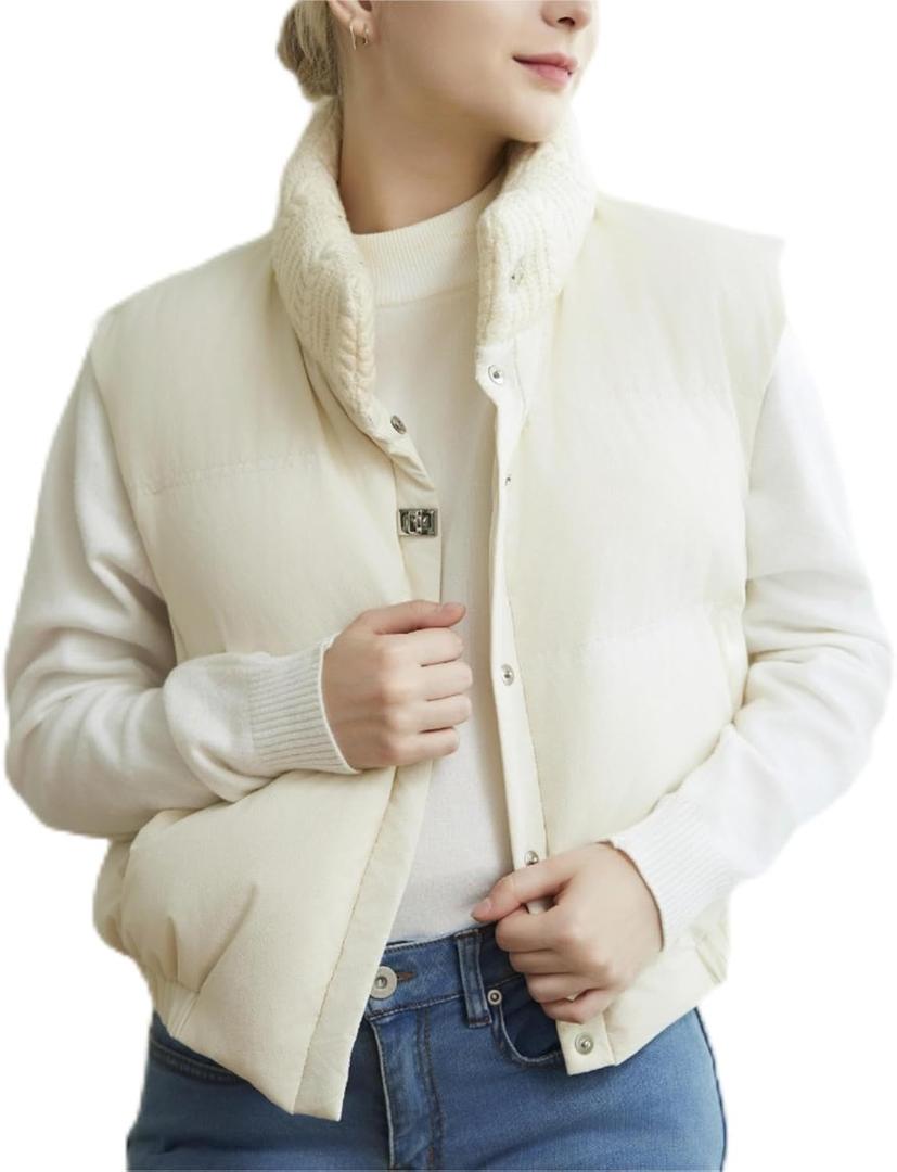 Women's Winter Outerwear Vests Crop Puffer Vest Lightweight Sleeveless Padded High Stand Collar Jacket (White, L)