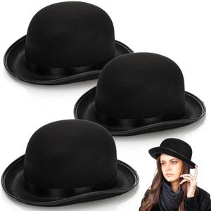 Eorbow 3 Pack Bowler Hat, 23" C Black Derby Hat, Felt Bolivian Costume Hat Accessories, Victorian Dress Up Hat for Men and Women, Adults