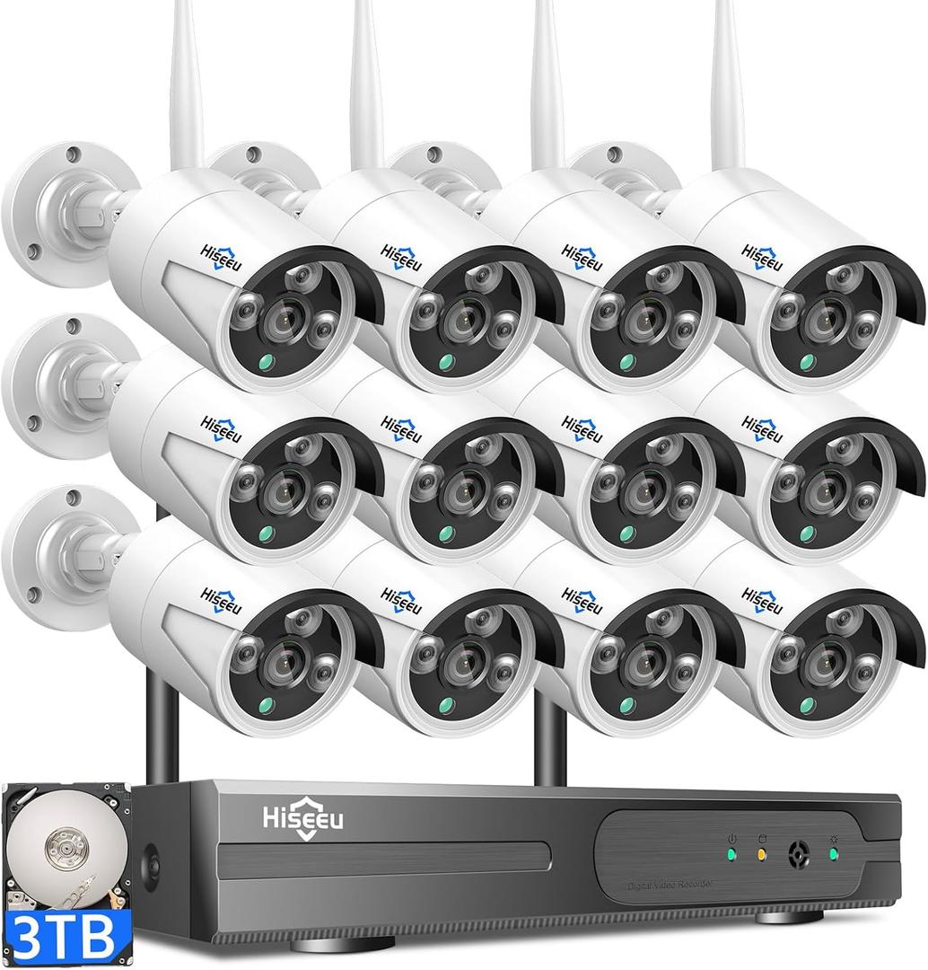 Hiseeu Home Security Camera System, 4K NVR Kit, Wired Plug-in Powered 12Pcs 5MP CCTV Security Camera System for Outdoor, Night Vision, IP66, Motion Detection, 3TB HDD, 2.4G/5G Wireless Pro WiFi