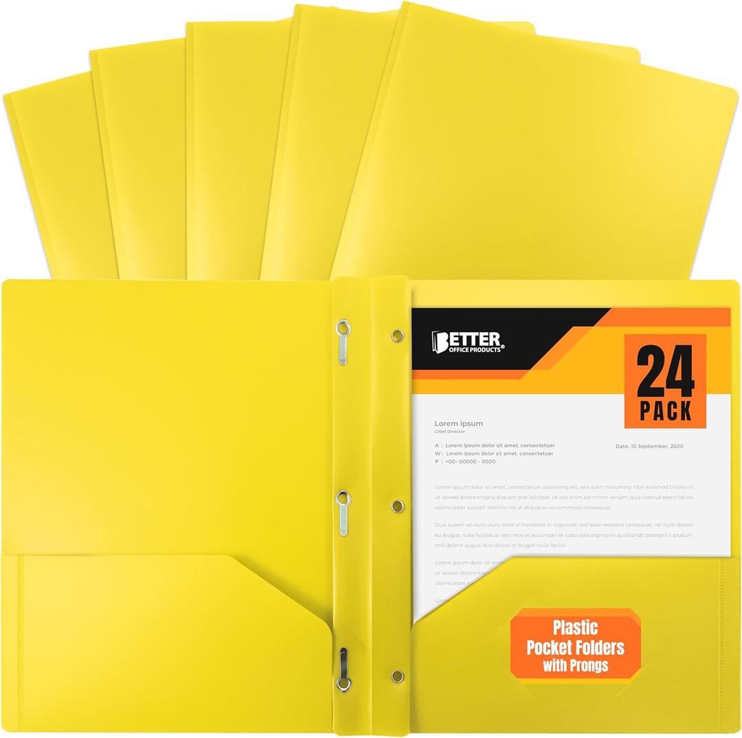Better Office Products Yellow Plastic 2 Pocket Folders with Prongs, Heavyweight, Letter Size Poly Folders, 24 Pack, with 3 Metal Prongs Fastener Clips, Yellow