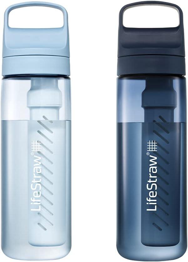 LifeStraw Go Series  BPA-Free Water Filter Bottle for Travel and Everyday use removes Bacteria, parasites and microplastics, Improves Taste, 22oz 2-Pack; Icelandic Blue and Aegean Sea
