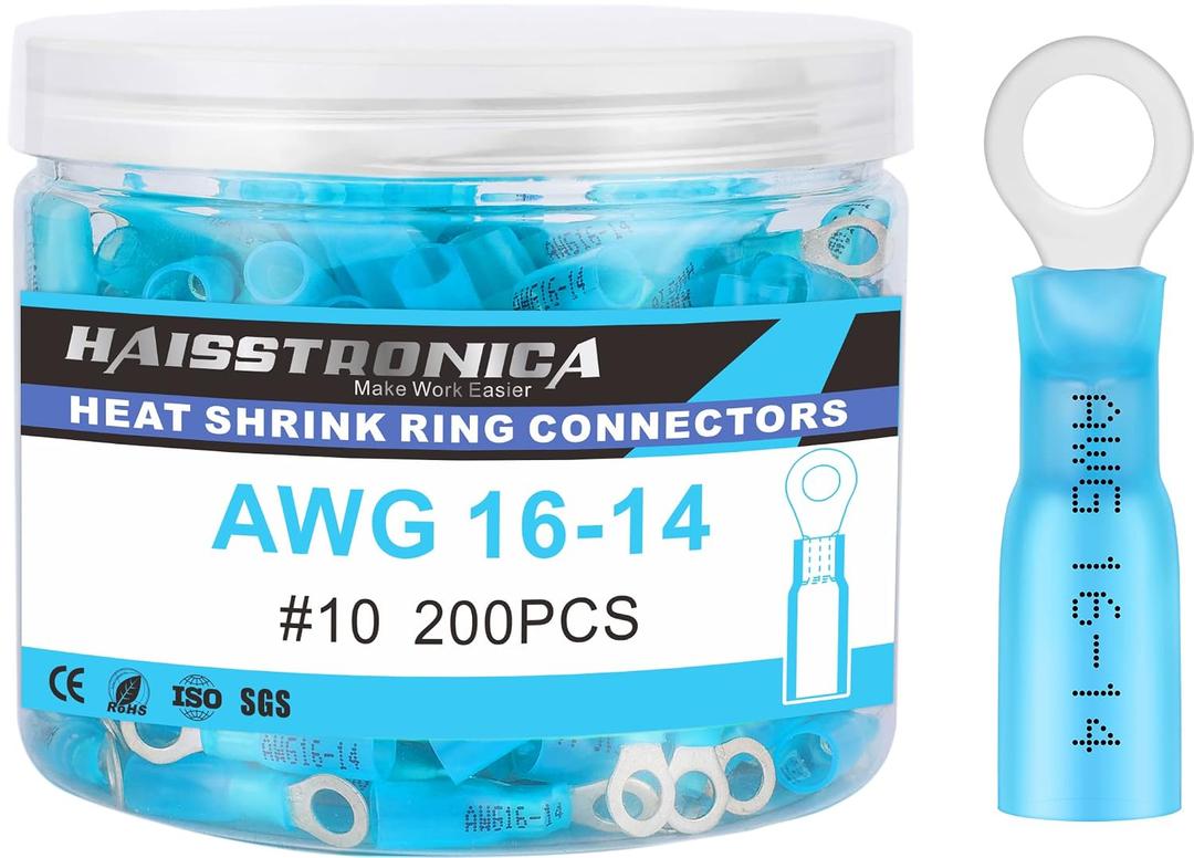 haisstronica 200PCS Heat Shrink Ring Terminals #10 Marine Grade Wire Connectors Blue AWG 16-14 Gauge, Tinned Red Copper 0.7mm Resistant Ring Connectors, Brazed-Seam Insulated Electrical Crimp
