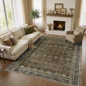 WITSHOCK Boho Living Room Rugs 10x12: Brown Olive Washable Stain Resistant, Modern Vintage Farmhouse Distressed Neutral, Soft Low Pile Large Rug for Bedroom Dining Room Playroom Home Office, 120x144