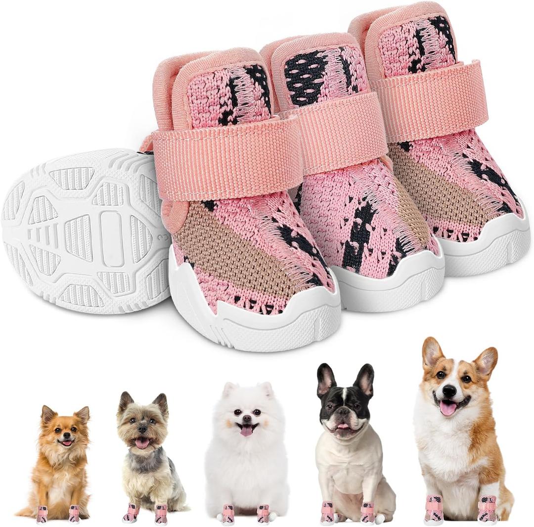 SlowTon Dog Shoes for Small Size Dogs - Soft Rubber Sole Dog Boots & Paw Protector for Summer Hot Pavement Winter Snow, Breathable Booties for Outdoor Walking Indoor Hardwood Floor, Pink, 5 (#5 (Width 1.88 inch) for 22.0-27.6 lbs)