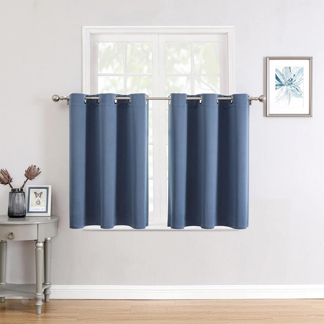 ChrisDowa Small Window Curtains for Kitchen and Bedroom - Grommet Short Thermal Insulated Room Darkening Curtains (2 Panels, Stone Blue, 34 x 36 Inch)
