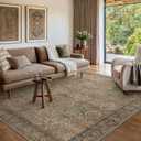 Bavni Washable Rug 8x10 Area Rug for Living Room Bedroom Dining, Washable Vintage Print Carpet, Ultra-Thin Chenille Low Pile Lightweight Rug with Non Slip Backing, Warm Taupe