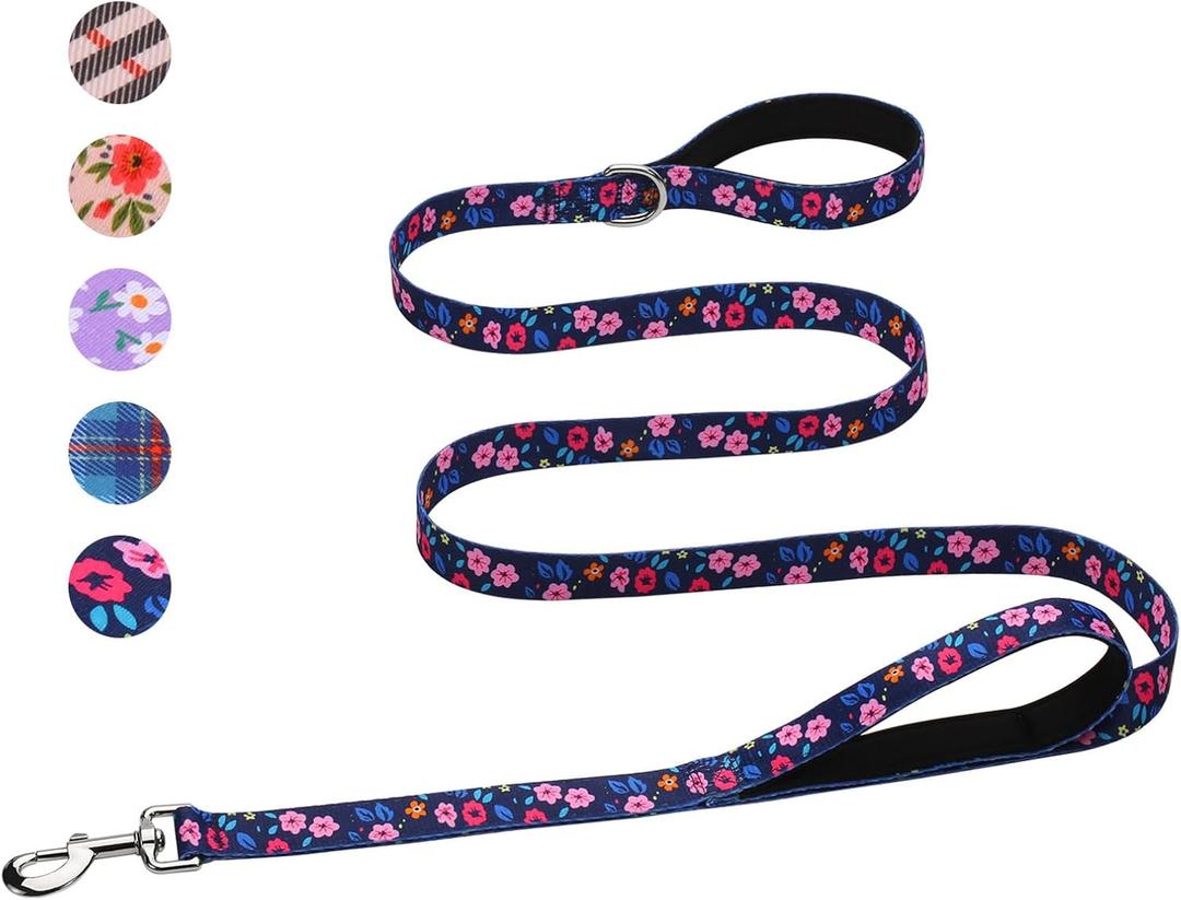 Hikiko Double Handle Dog Leash 6 Ft for Medium Large Dogs, Padded Traffic Handles Lead for Walking Training (Navy Blue Floral) (1 in x 6 ft)
