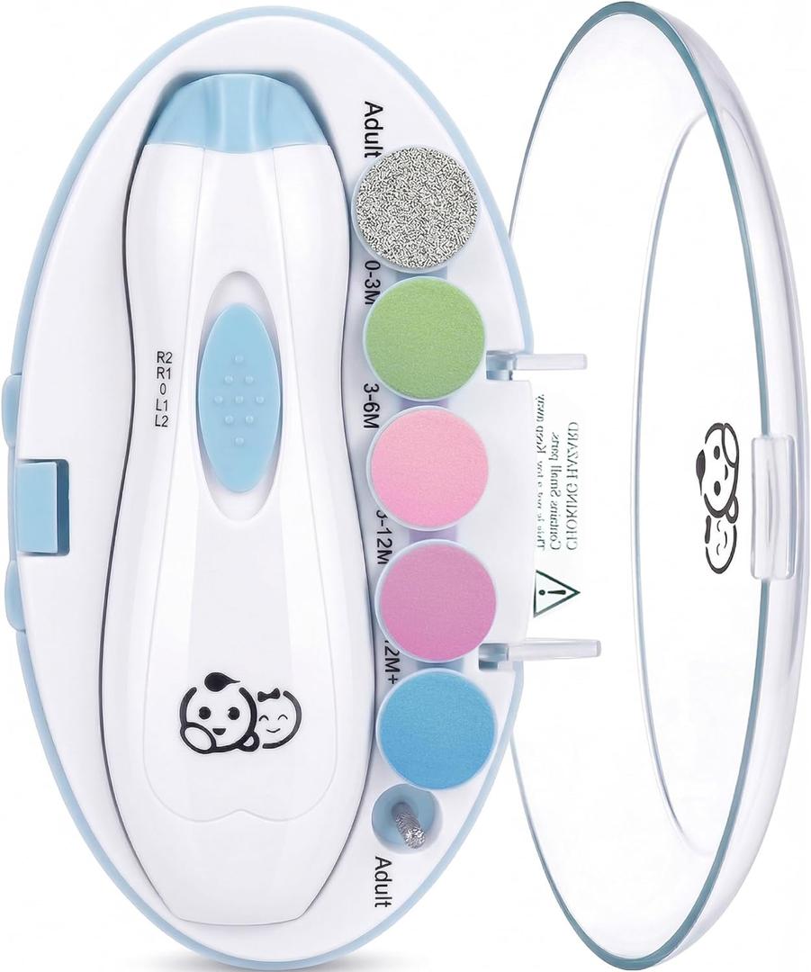 Royal Angels Upgraded 6 in 1 Baby Nail Trimmer with Labeled Case, 4 Colored Pads for Newborns to Toddlers, Whisper Quiet Electric Nail File with LED Light, Safe Manicure Set for Families (Babyblue) (8 Piece Set)