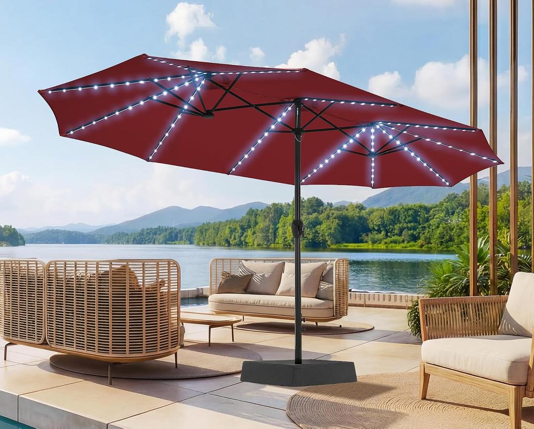 SUPERJARE 15ft Large Patio Umbrella with Base included, Double Sided Outdoor Umbrella with Solar Lights, Pool Umbrella with Fade Resistant Canopy for Deck, Porch, Yard, Balcony, Burgundy