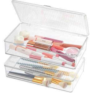 ZEXALOR Pack of 2 Clear Storage Bins with Lids, Small Storage Containers Boxes with Lids, Dresser Organizer, Tea Bag Organizer, Freezer Bin, Plastic Drawer Organizers (10.66.12.3)