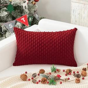 Kevin Textile Valentines 12x20 Inch Pillow Cover 1 Pack Boho Decorative Soft Striped Corduroy Lumbar Farmhouse Color Accent Rectangle Cushion Case for Living Room Couch Sofa Bed, Burgundy, Set of 2