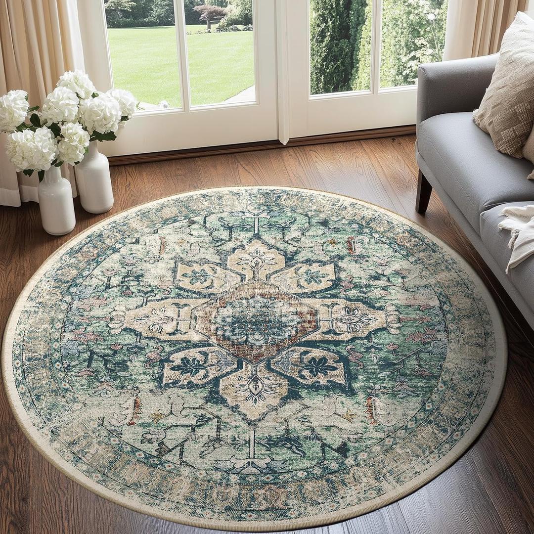 BESTSWEETIE 6ft Area Rug Washable Rugs for Living Room, No Pile Boho Carpet for Entryway Bedroom Dining Room, Vintage Carpet Print Distressed Non-Slip, 72" Round, Green