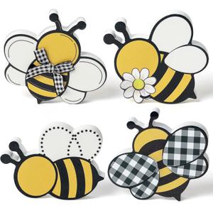 WATINC Bee Tiered Tray Decor - 4PCS Summer Wooden Table Centerpiece Sign, Double-sided Bees Printed Wood Tabletop Signs, Rustic Farmhouse Table Decoration for Holiday Home Honey Party Supplies
