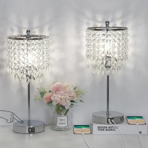 Boncoo Crystal Table Lamp Set of 2 Touch Control, Crystal Lamps with USB Ports Elegant Shade Bedside Lamp Silver, Dimmable Touch Table Lamp for Nightstand Bedroom Living Room, 4W LED Bulb Included