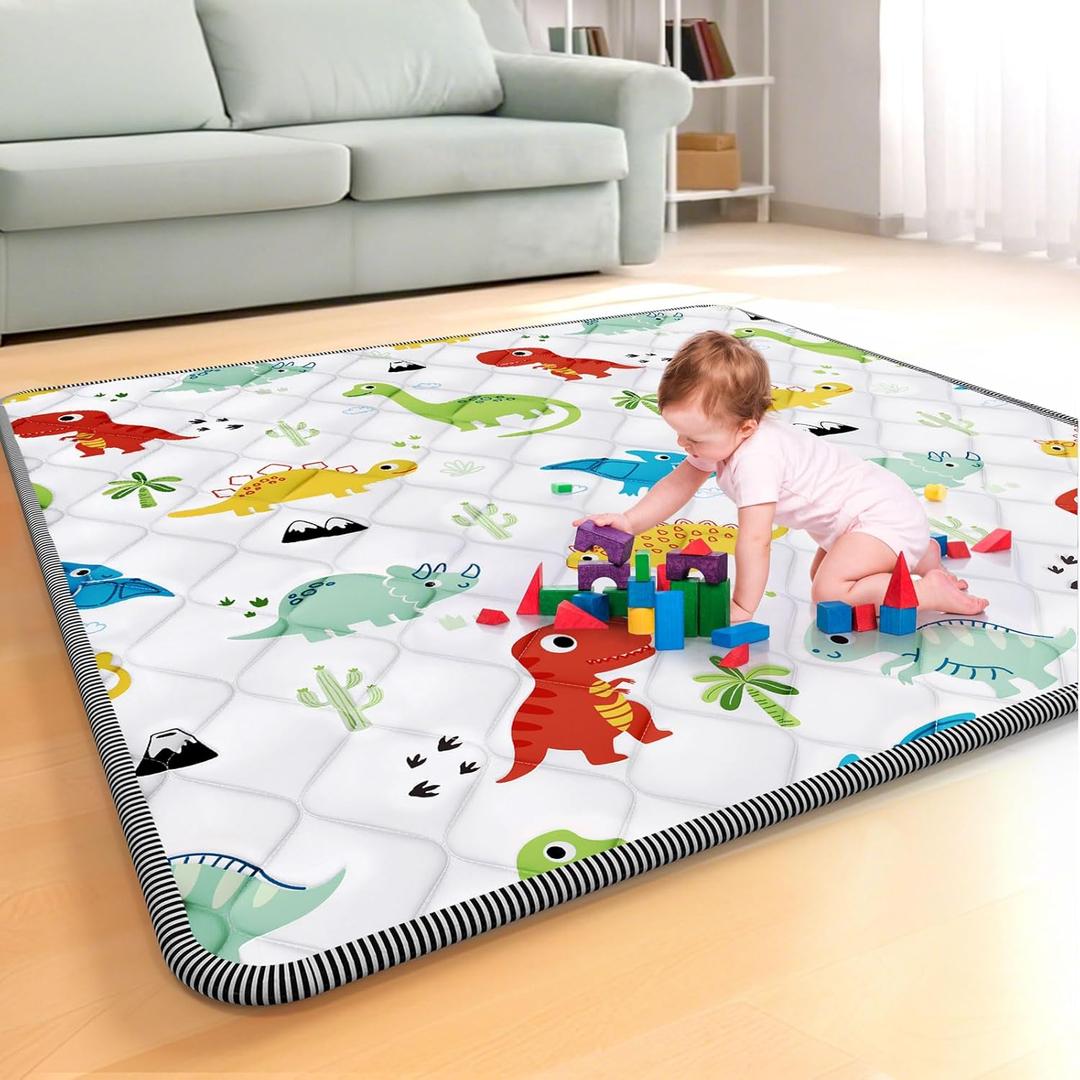 Palopalo Thicken Foam Baby Play Mat for Floor, 47x47 inch Play Mat for Playpen, Soft Padding Playmats for Babies, Toddlers and Infants, Non-Slip and Foldable Baby Crawling Mat, Machine Washable (White-Dinosaur)