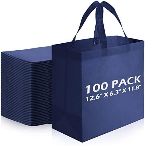 Reginary Reusable Totes Bags - 100 Pcs Non Woven Grocery Handle Bags for Shop Events & Retail Store(Navy Blue)