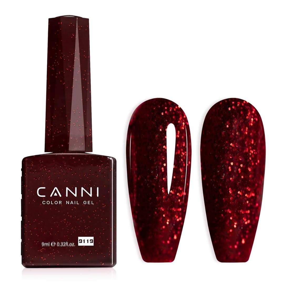 CANNI Dark Burgundy Glitter Red Gel Nail Polish, 1Pcs Sparkle Bright Red Gel Polish Color High Gloss Soak Off U V Nail Manicure Salon DIY