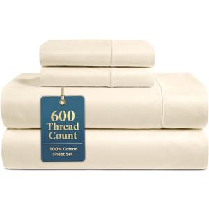LANE LINEN Cal King Bed Sheets - 600 Thread Count Sateen Weave - Extra Thick & Comfy Cotton Sheets for Hotel Quality Softness - Securely Fits Mattress Upto 15'' Deep - Oeko Tex Certified - Ivory