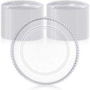 Hoolerry 50 Pack Clear Charger Plates Bulk 13 Inch Plastic Round Beaded Dinner Chargers Acrylic Frosted Grain Decorative Service Plates for Wedding Party Event, Home and Kitchen Tabletop (Transparent)