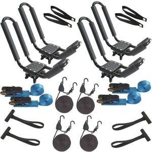 2-Pack Kayak Roof Rack Carrier - Heavy-Duty J-Style Crossbar Mount for Kayak/Canoe/Surf Ski (75lb Capacity), Includes 4 Ratchet Tie-Down Straps & Rust-Resistant Hardware (Fits Square/Oval/Flat Bars)