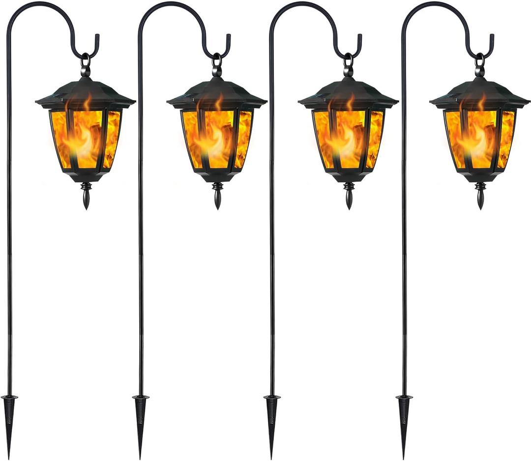Dynaming 4 Pack Solar Flame Hanging Lights Outdoor, Halloween Solar Flickering Flame LED Garden Lanterns with 4 x 38 Inch Shepherd Hooks, Christmas Lighting for Lawn Patio Yard Pathway Driveway (Warm White)