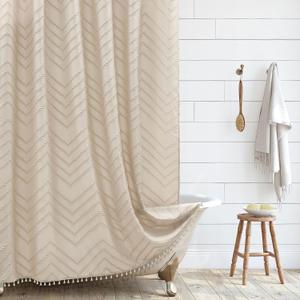 Boho Farmhouse Shower Curtain, Woven Fabric Cute Beige, 60 x 72 Tufted Chevron Textured Striped Modern Farmhouse Minimalist, A Beige, 60"W x 72"L (Pack of 1)