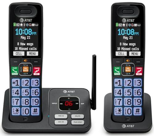 AT&T Cordless Phone, Landline Phones for Home with Smart Call Blocker, 2 Handsets Bluetooth Phone, Large Color Display, Big Buttons, Long Range, Digital Answering System: BL108-2 (Charcoal & Silver)