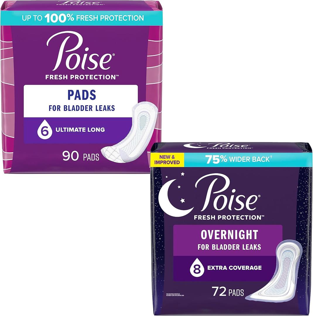 Poise Incontinence Pads & Postpartum Incontinence Pads for Women Bundle: 6 Drop Ultimate Absorbency, Long Length, 90ct and 8 Drop Overnight Absorbency, Extra-Coverage Length, 72ct
