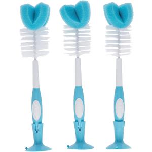 Dr. Brown's Reusable Sponge Baby Bottle Cleaning Brush Set with Suction Cup Stand, Scrubber and Nipple Cleaner, Blue 3-Pack