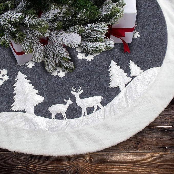 Christmas Tree Skirt, Fur Rustic White Xmas Tree Skirt,Snowy Christmas Trees Mat Decorations Indoors,Deer and Snowflake Pattern (36 inches, Two Deers)