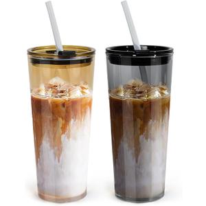24oz Drinking Glasses Cups Set of 2 Leak Proof Iced Coffee Glass Tumbler with Lid Straw Glassware for Juice Coffee Smoothie Boba Tea(Gray & Amber)
