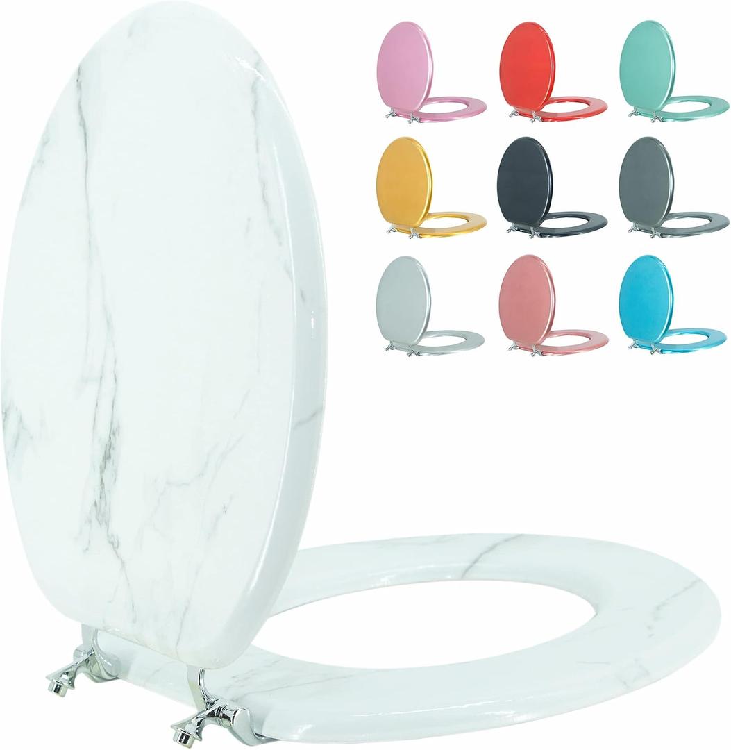 Round Toilet Seat Wood Toilet Seat Prevent Shifting with Zinc Alloy Hinges American Standard Size Toilet Seat Easy to Install also Easy to Clean(Round,Marble)