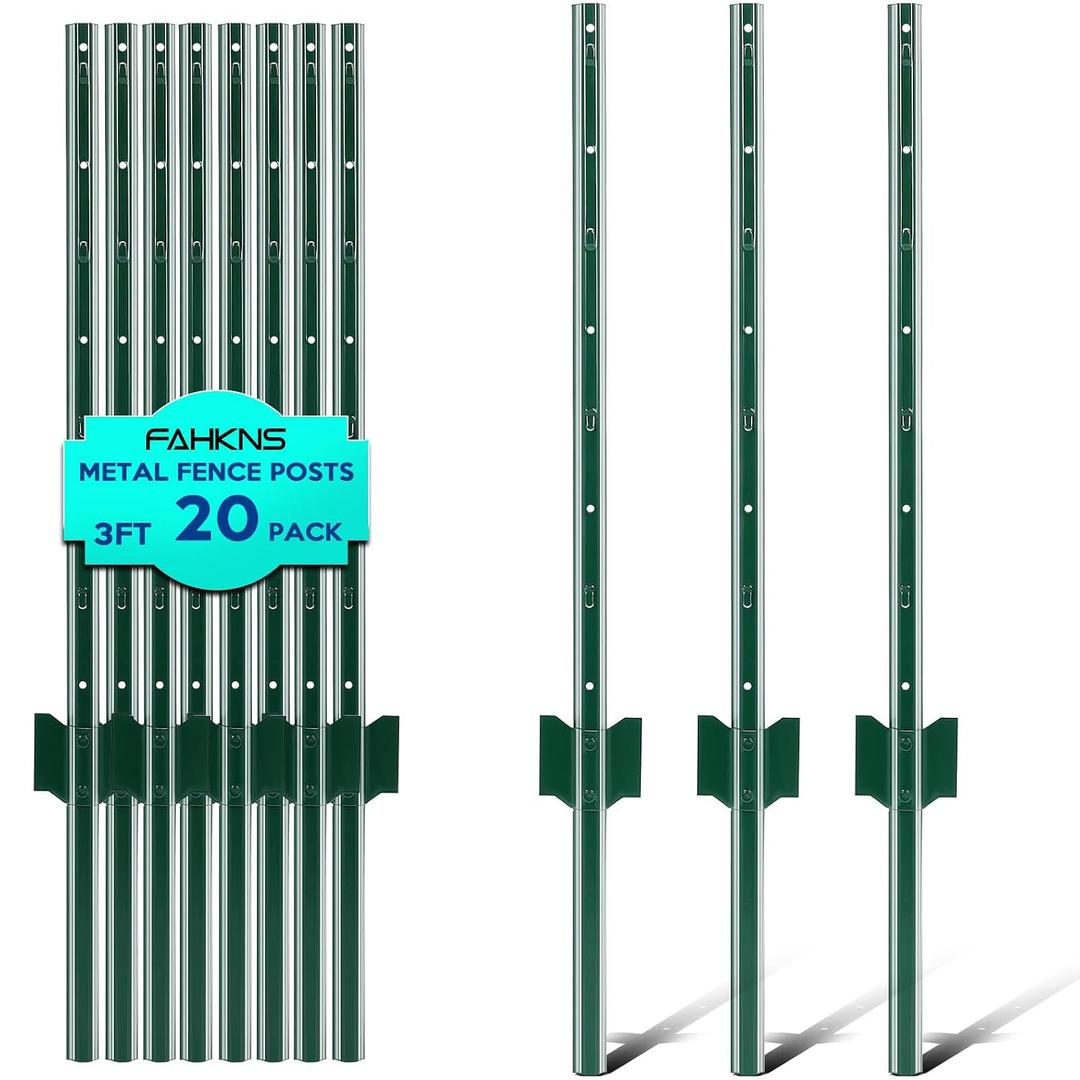 3 ft Fence Post, 20 Pack Heavy Duty Metal Fence Posts, Sturdy Steel T Post | No Dig Fence Stakes, U-Channel Garden stakes for Lawn, Farm, Yard, Orchard and Outdoor Electric Fence Wire, Corner Support