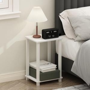 Furinno Simplistic Night Stand, 2-Tier Small Nightstand with Open Shelf, Toolless Assembly Bedside Table, End Table, Side Table, for Bedroom, Closet, Dorm, White, 2-Tier, Square Tubes