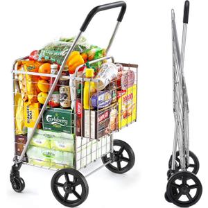 Wellmax Foldable Shopping Cart with Wheels, Folding Metal Grocery Cart with Extra Basket, Swivel Front Wheels, Lightweight & Collapsible Utility Cart for Groceries, Laundry, Seniors, Silver Color