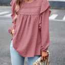 PRETTYGARDEN Women's Long Sleeve Shirts Ruffle Swiss Dot Crochet Loose Fit Tunic Dressy Casual Tops Blouses Spring Fashion (Pink, XS)