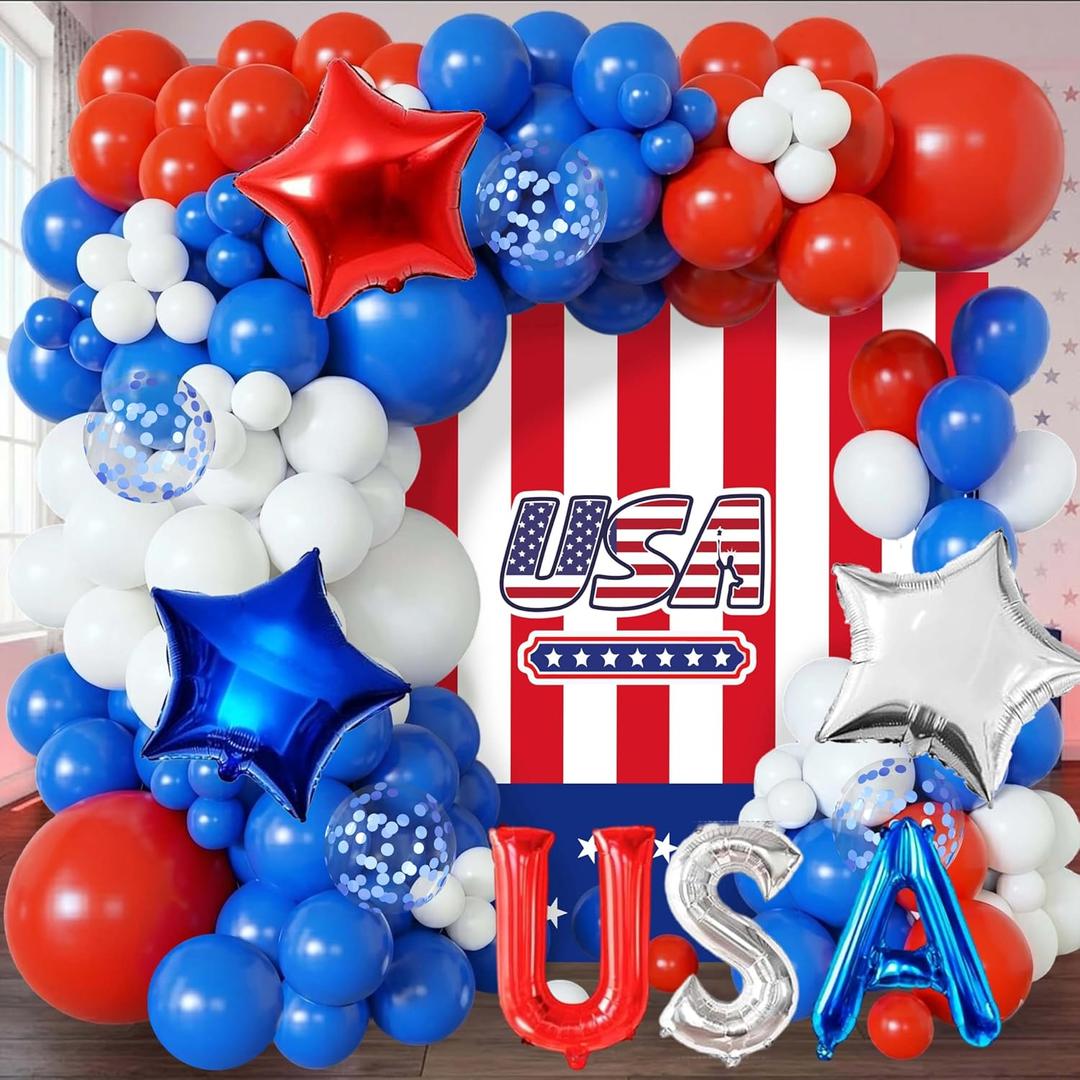 107 Pcs Red White and Blue Balloon Arch Kit, 16-Inch USA Foil Letters and Confetti Latex Balloons Garland for 4th of July Patriotic Baseball Theme Party Decorations
