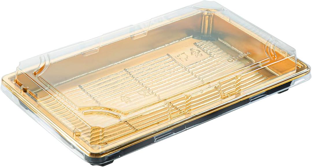 Restaurantware 9.25 In Gold Plastic Sushi Trays with Clear Lids, 100 Ct
