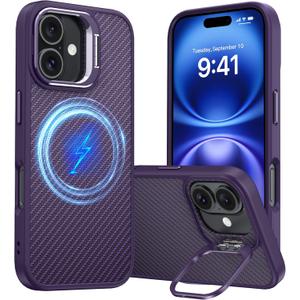 Magnetic for iPhone 16 Case Carbon Fiber Skin SensationCompatible with magsafeMetal Lens Kickstand Dropproof Sturdy Carbon Fiber PatternWireless Charging Case for iPhone 16 Purple