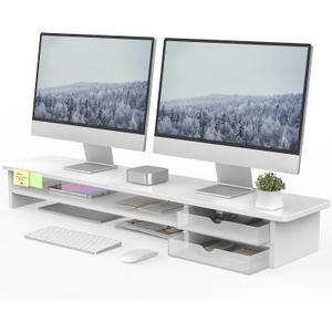 Fenge Monitor Stand, Dual Monitor Riser, 42.5inch Large Desk Computer Monitor Stand Riser with Drawer, 2 Tier Wood & Acrylic Desktop Organizer for Computer, Laptop, Printer, TV Screen Riser