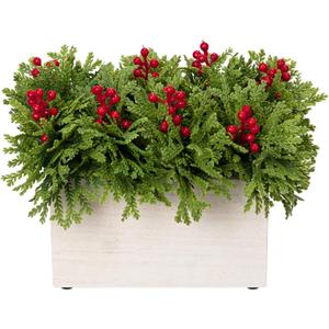 DILATATA Christmas Centerpieces 8 Inch Artificial Christmas Plant in Rectangular Wooden Pot Tabletop Pine Plants with Red Berries Cedar Leaves for Winter Holiday Party Fireplace Mantel Xmas Decor (Style 5)