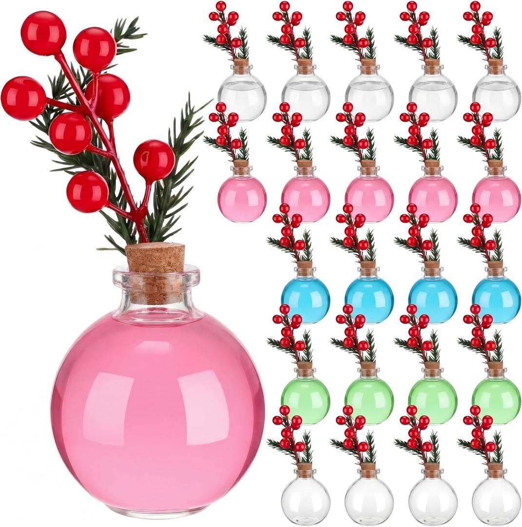 95 Pcs Plastic Potion Bottles Round Party Suppies Include 6 oz Plastic Potion Round Bottles with Cork Lids Red Berry Picks Artificial Pine Needles Branches for Liquids Wine DIY Crafts