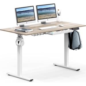 SHW 55 x 28 Inches Electric Height Adjustable Standing Desk with Drawer and Memory Preset, Maple