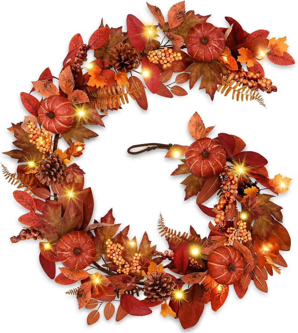 Waipfaru Fall Decor, 1 Pcs Fall Garland for Mantel, 6 FT Garland with Lights, Artificial Autumn Leaves Pumpkin Vine for Table Centerpiece, for Thanksgiving Day, Mantel Dinner Fireplace Decoration