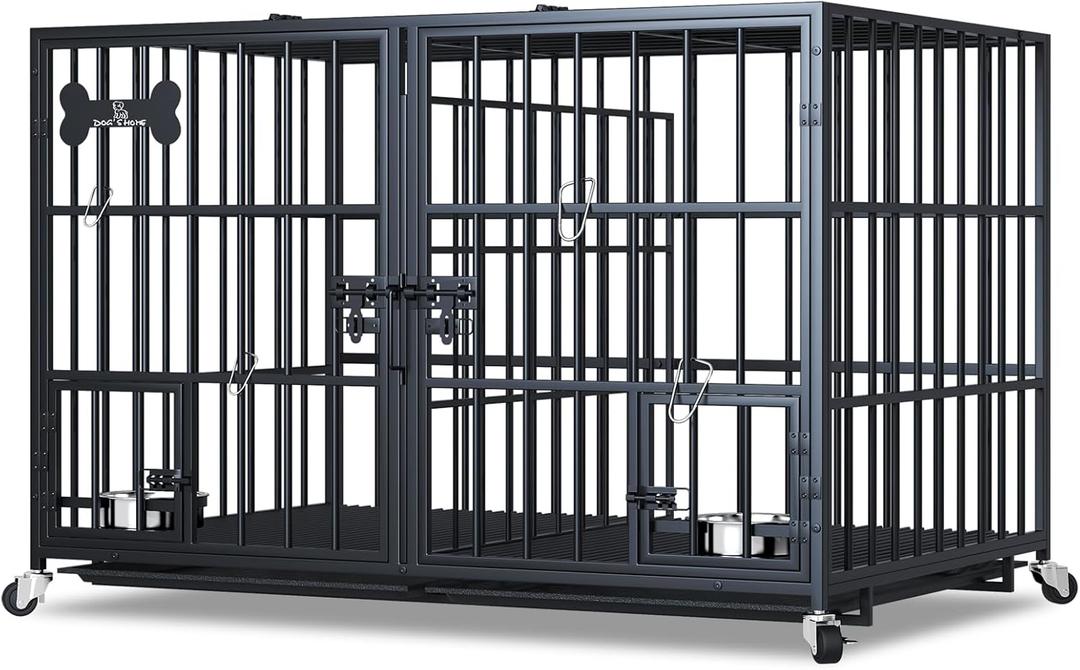 Dosker 48/42 inch XL Dog Crate for Large Dog/Double Medium Dogs,Heavy Duty Metal Dog Cages,All Metal Open Top Stackable,Dog Kennel Indoor with Wheels,Floor Grid, Tray, Divider and Feeding Bowl (Black)