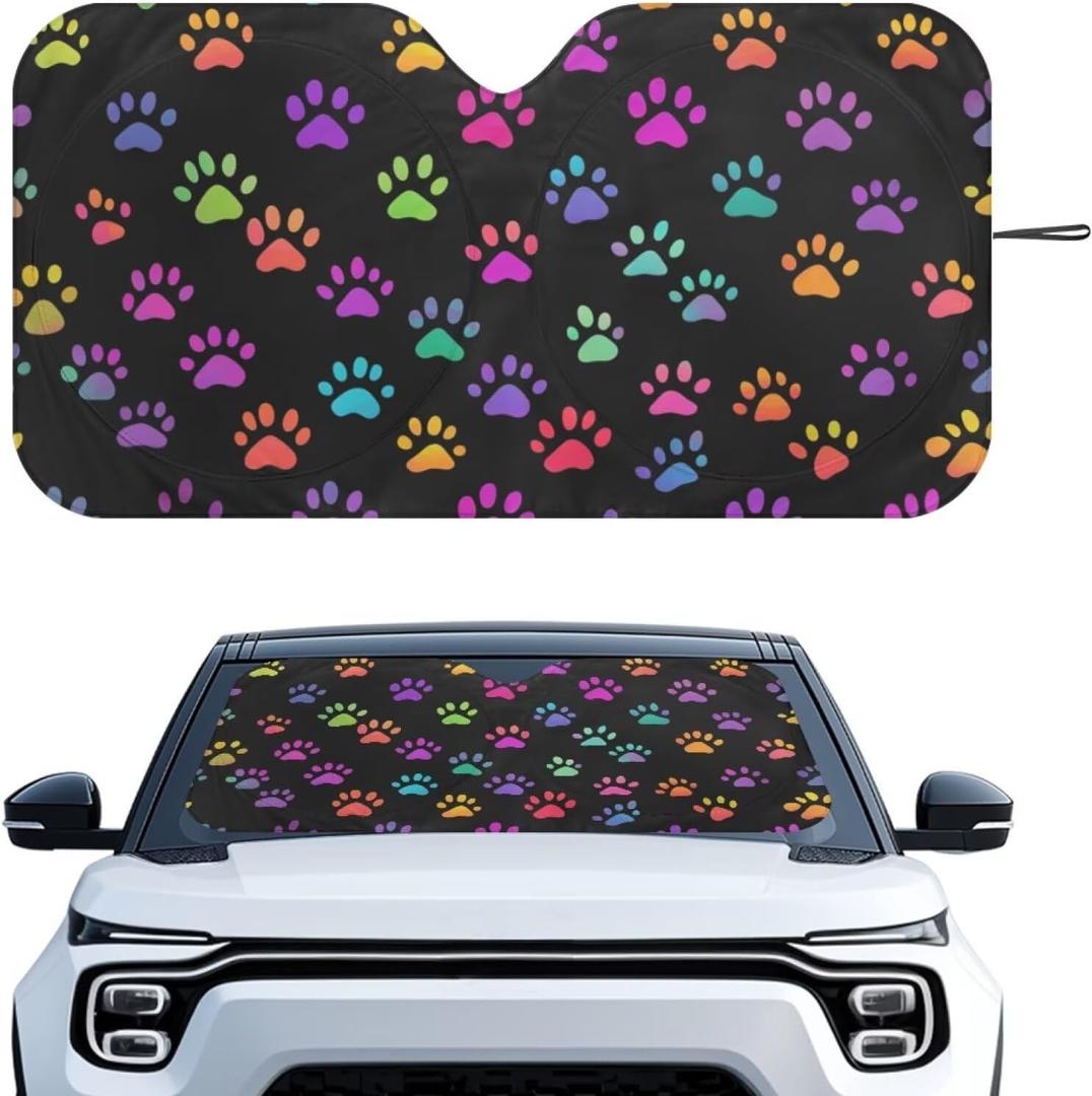 Colorful Dog Paw Print Car Sun Shade for Windshield Sun Shield for Front Window Blocks UV Rays Easy to Install Car Interior Accessories Sun Protection for Cars Truck SUV