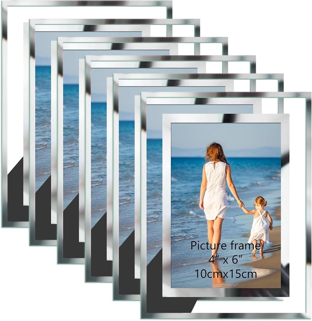 Hoikwo Bulk 4x6 Simple Elegant Picture Frames, 6 Packs Silver Photo Frames 4 by 6, Glass Wedding Frames 4x6, Clear Mirror Wedding Photo Frames, Only for Tabletop Display Vertically or Horizontally