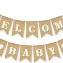 Gold Baby Shower Decorations Set for Girl or Boy Kit, Rustic Welcome Baby Banner in Burlap, 2 Gold Metallic Curtains, Balloons and Table Banner