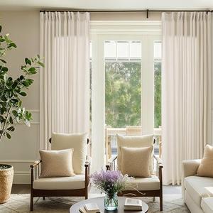 72 x 96 Inch Pinch Pleated Linen Curtains for Living Room Pleated Drapes with Hooks Rings Back Tab Cream Beige Semi Sheer Curtains 96 Inch Length for Sliding Door Dining Bedroom Window 8Ft 72x96